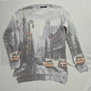 Moffi New York City Graphic Knit Sweater Taxi Print Women's Size S/P Small